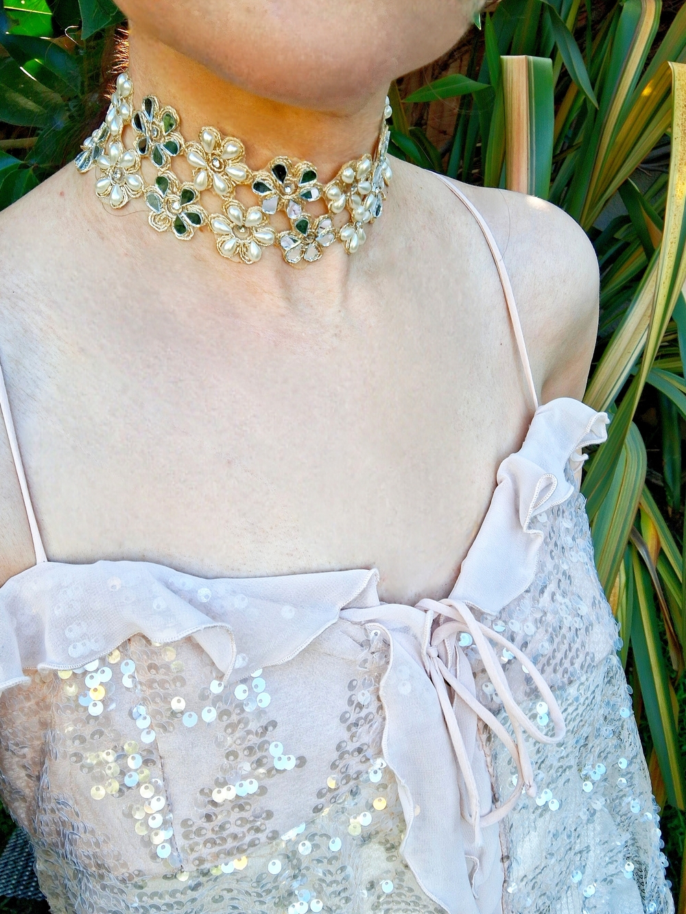 Handmade Mirror & Pearl Zircon Floral Choker Necklace Boho Evening Party Wedding